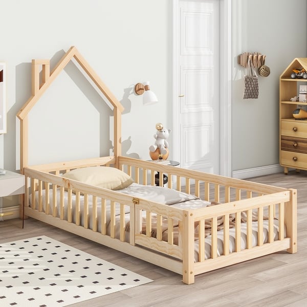 slide 2 of 10, Twin Bed with House-Style Headboard, Fence Guardrails, and Door for Kids Room Natural