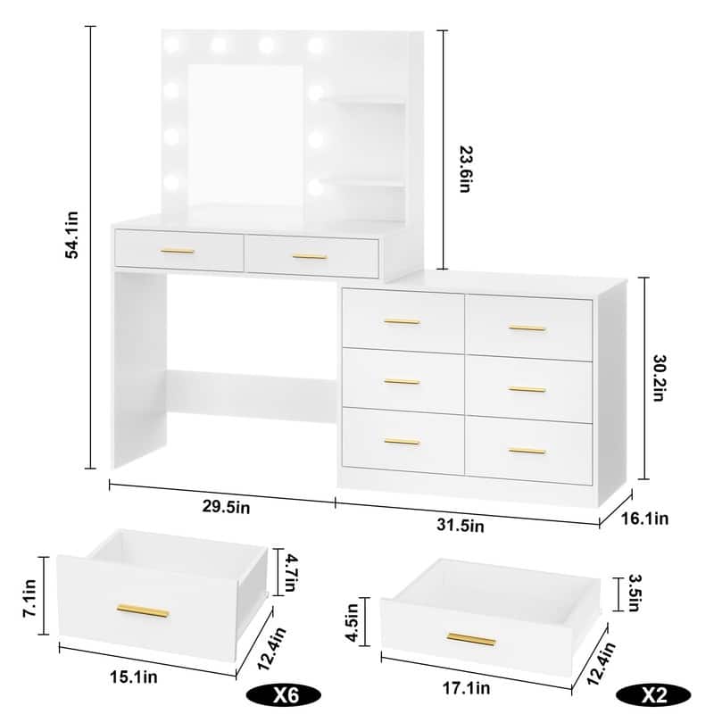 61" Makeup Vanity Desk with Mirror and Lights, 8 Drawers, 2 Shelves