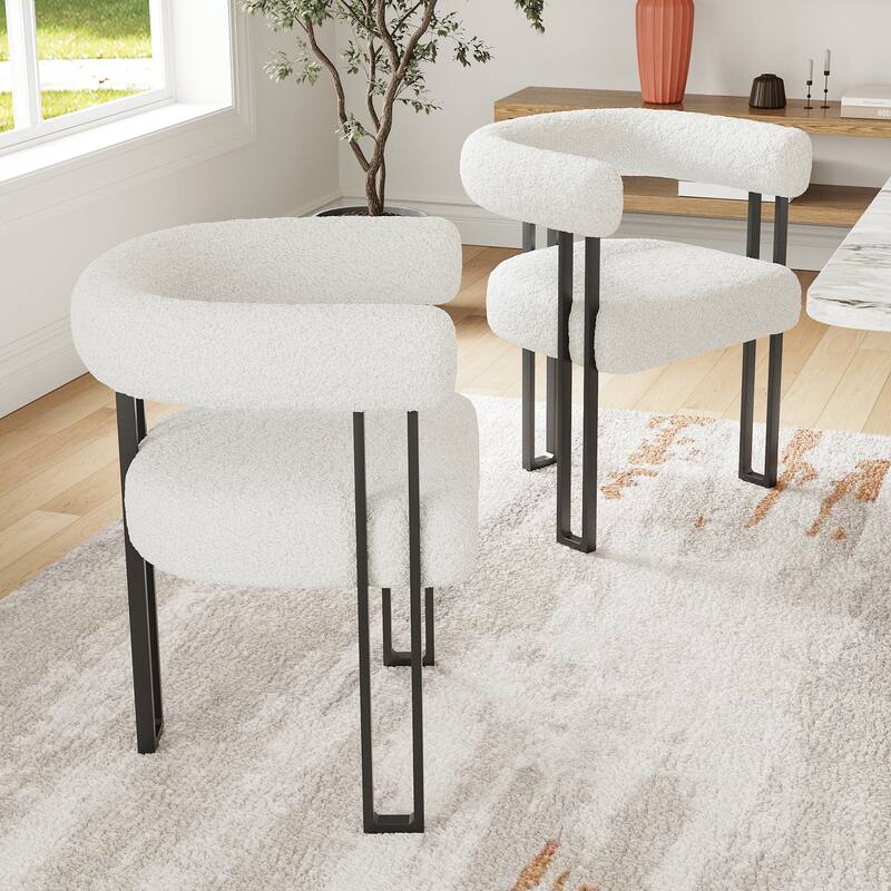 Set of 2 Upholstered Dining Chairs, Bouclé Fabric Accent Chairs with Metal Frame, with Cushioned Seat & Back - Beige