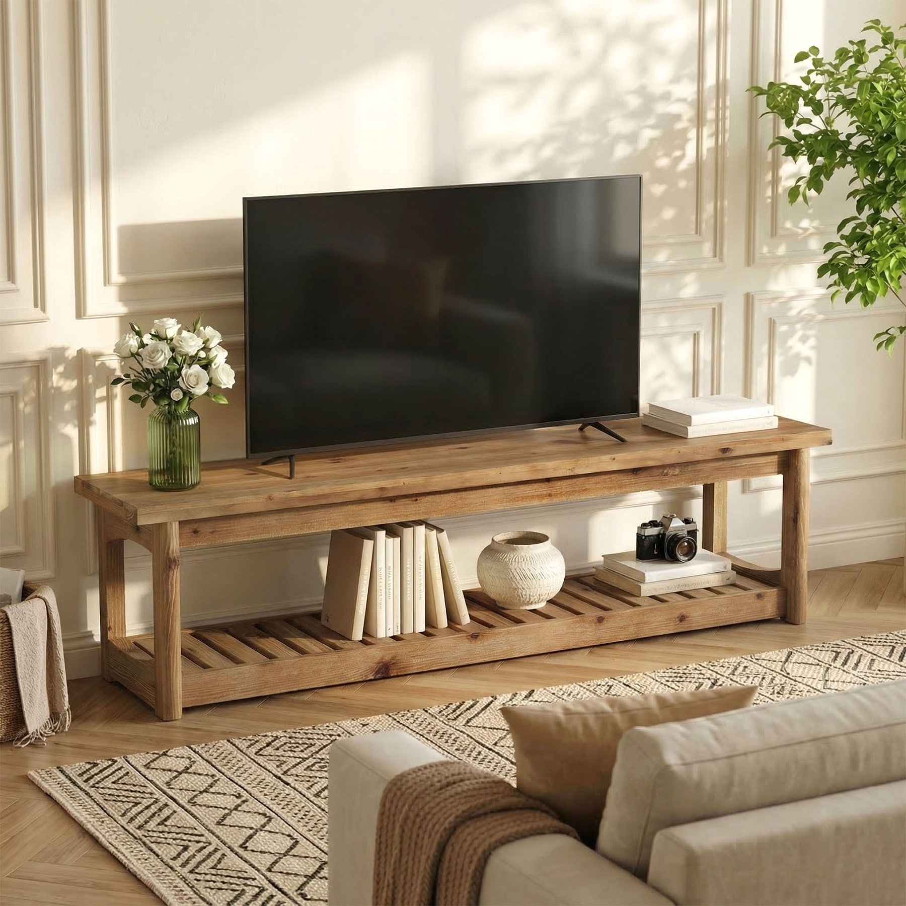 63 Inch Solid Wood TV Stand for 27-70 Inch TVs with Open Storage, Low Media TV Console Table for Entertainment Center,