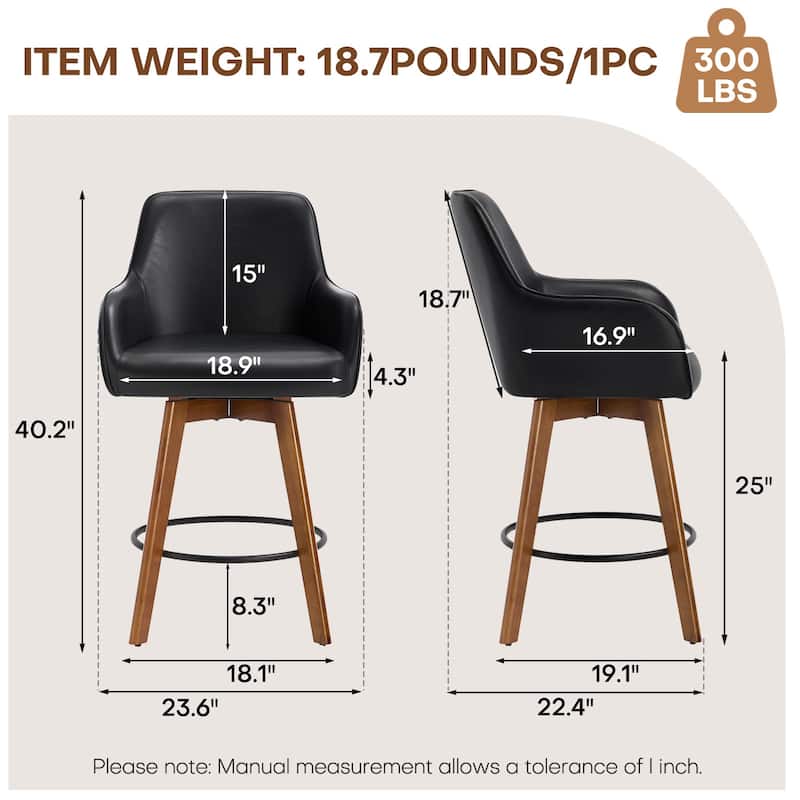 25 Inch Upholstered Swivel Counter Height Bar Stool with Armrests, Solid Wood Legs - 23.6"W x 22.4"D x 40.2"H