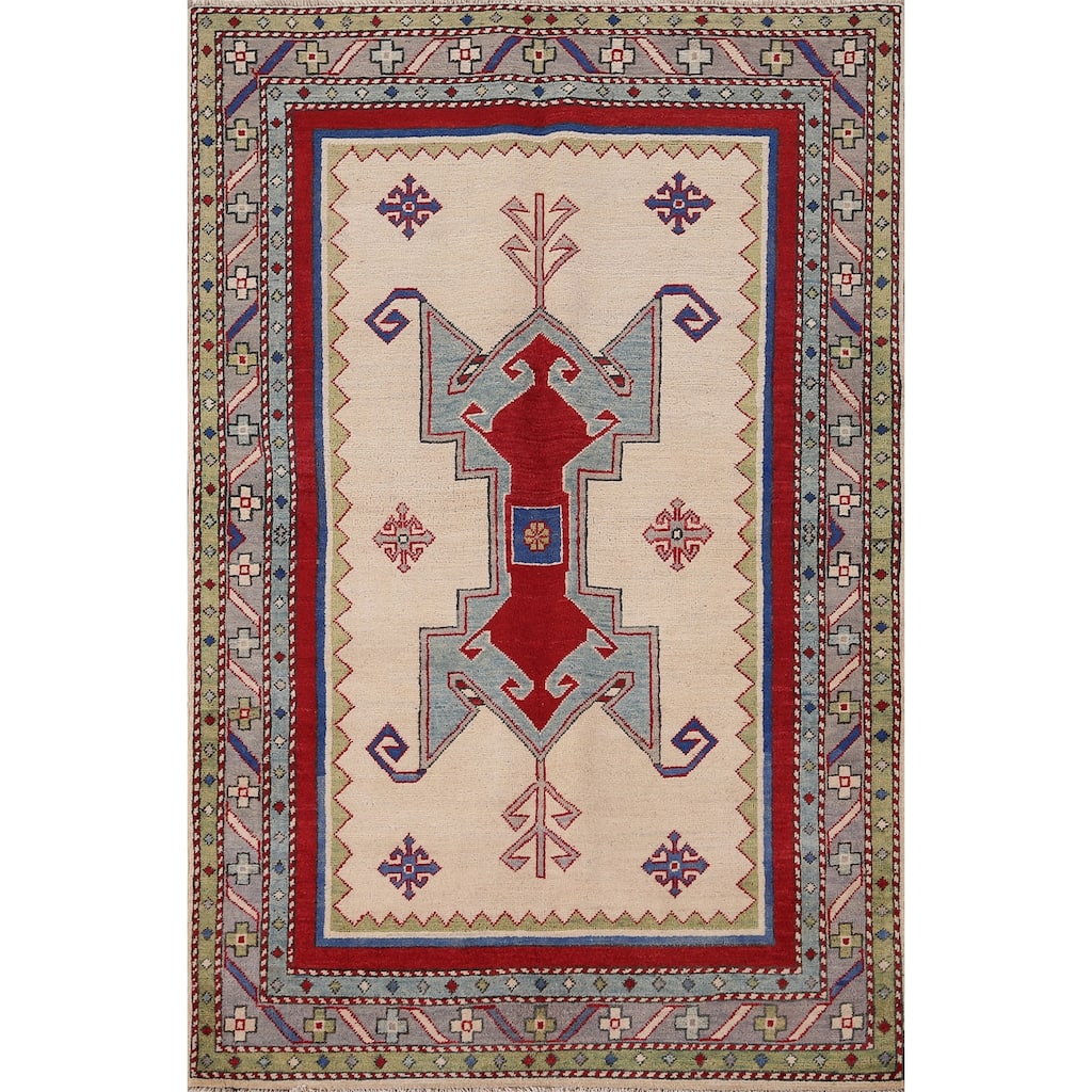 Ivory Geometric Kazak Oriental Area Rug Hand-Knotted Wool Carpet - 4'1" x 5'11"