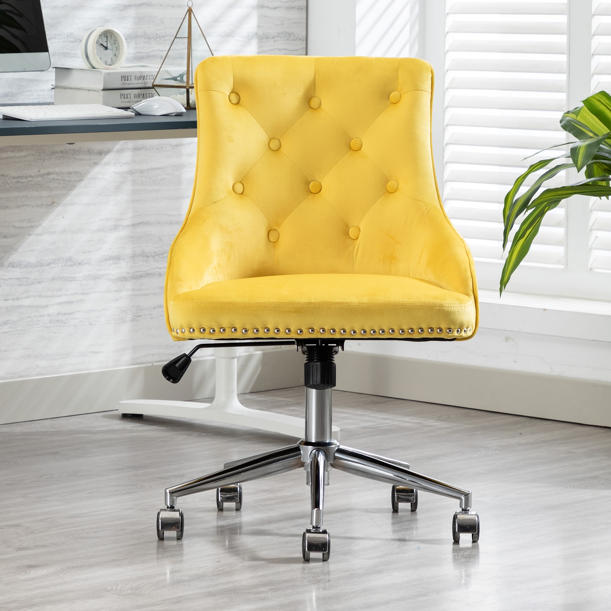 TiramisuBest Adjustable Modern Velvet Swivel Office Computer Chair with WheelsandArms, Yellow