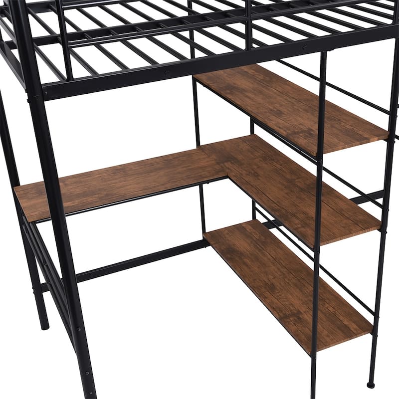 Merax Twin Size Metal Loft Bed with Built-in Desk and Shelves