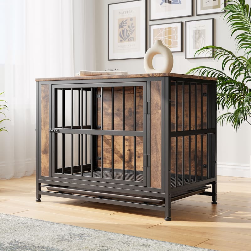 Wooden Dog Crate Table, Decorative Pet Crate House for Medium/Small Dog Indoor Use - Black