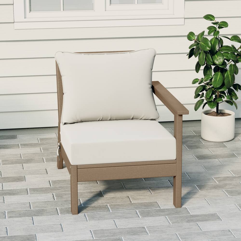 Birchwood All Weather HDPE Outdoor Patio Deep Seating Weathered Wood Right Arm Facing Chair With Cushions (1-Piece)