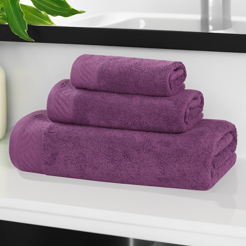 Superior Basketweave Egyptian Cotton Solid 3 Piece Assorted Towel Set - Majestic Purple
