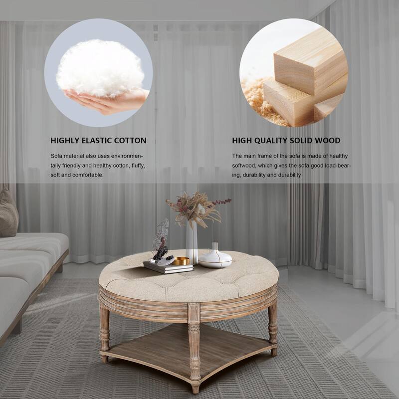 Large Round Ottoman Coffee Table - 2-Tier Button-Tufted with Wooden Shelf Storage