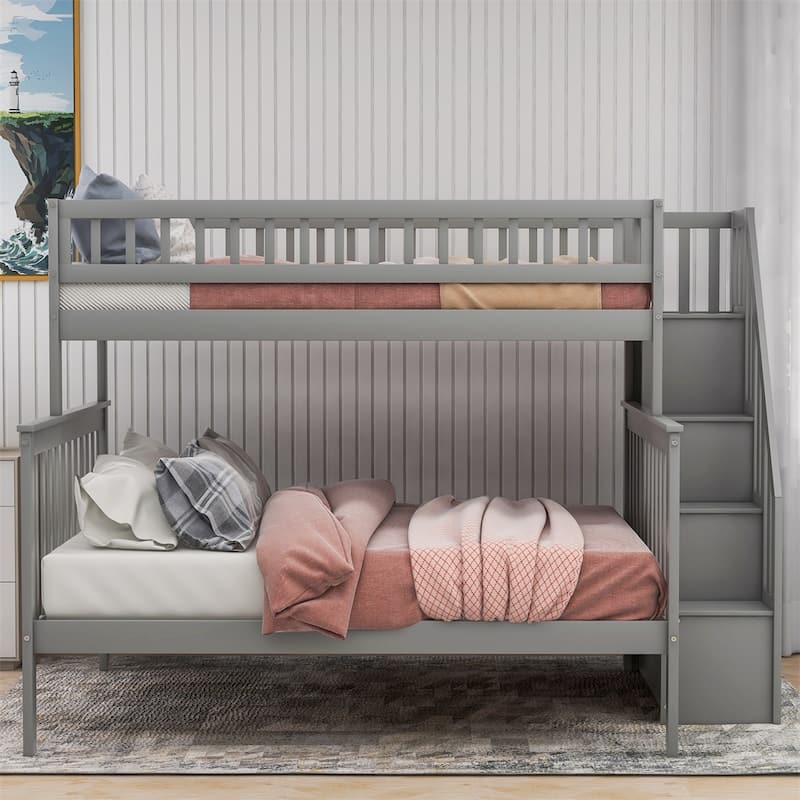 Merax Twin over Full Wood Bunk Bed with Storage Stairs