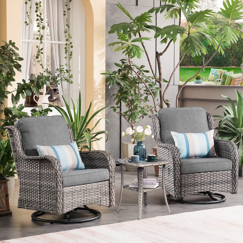 OVIOS 3-piece Patio Wicker Swivel Chair Set - Dark Grey-Grey Wicker