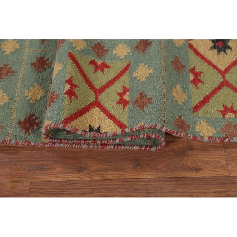 Geometric Kilim Oriental Area Rug Flatweave Green Wool Carpet - 5'7"x 9'0"