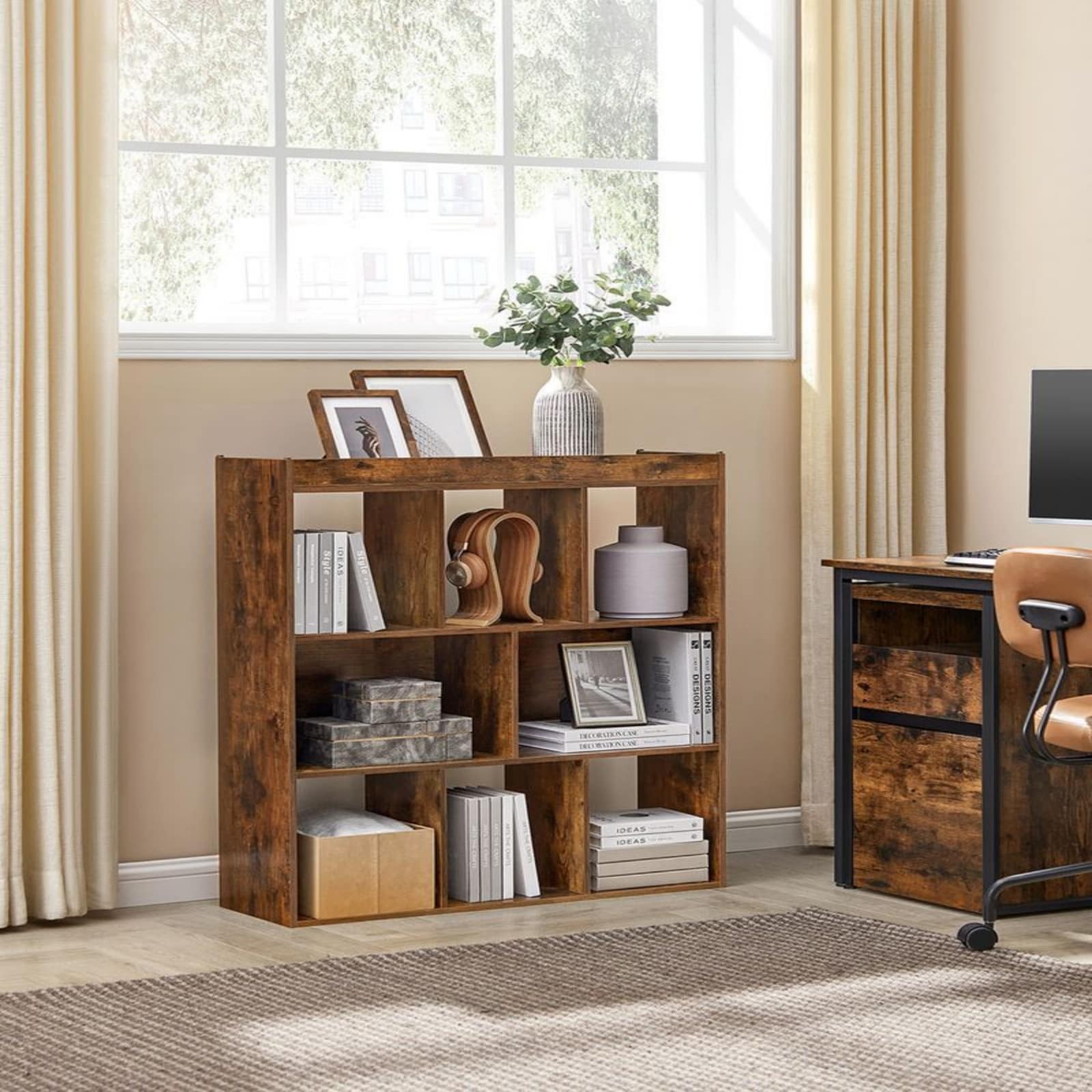 Rustic Brown 8-Cube Bookshelf with Open Storage Compartments for