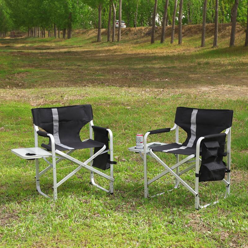 2-piece Padded Folding Outdoor Chair with Side Table and Storage Pockets