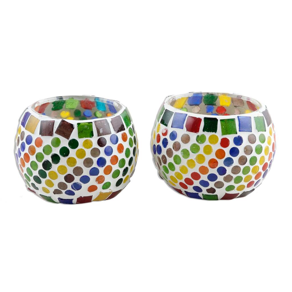 Novica Handmade Festive Rainbow Glass Mosaic Tealight Candleholders (Pair)