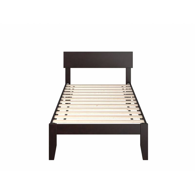 Twin Bed Espresso Finish Modern Panel Headboard Solid Wood Frame No Box Spring Needed