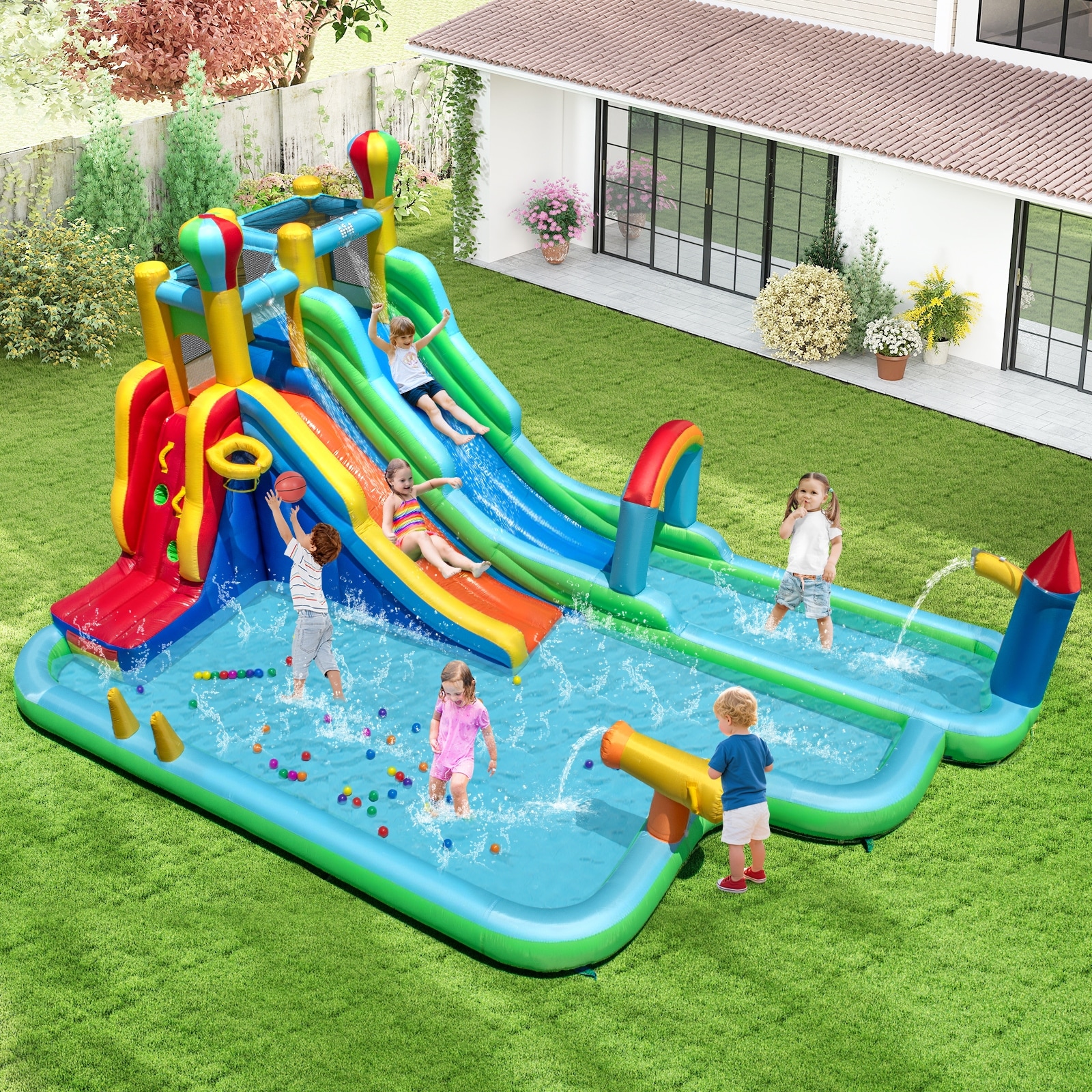 Gymax Inflatable Water Park w/Climbing Wall Basketball Rim Splash Pool - Multi-Color