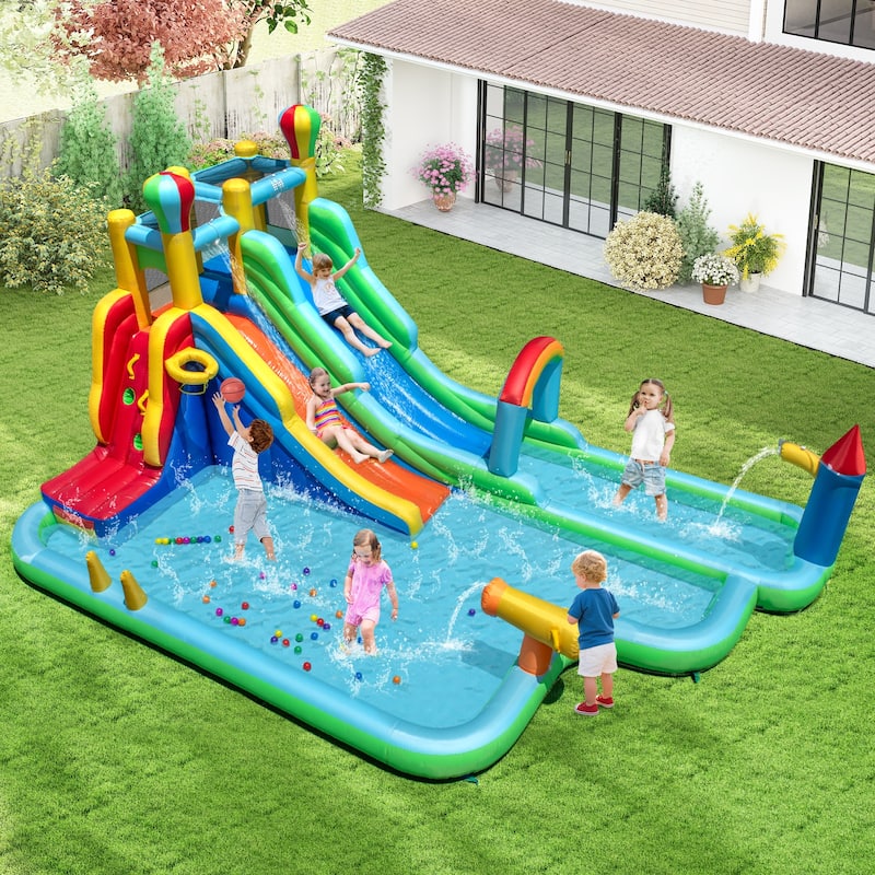 Large Inflatable Water Slide Park with Dual Slides Climbing Wall and Splash Pools and Blower for Kids - 225" x 145.5" x 105"