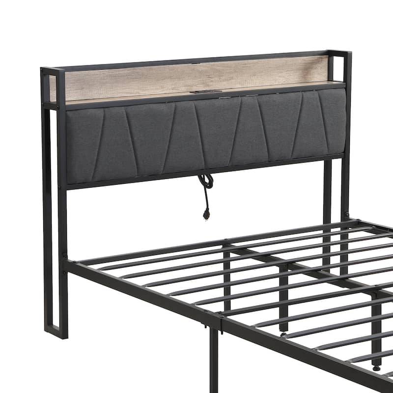Queen Size Metal Platform Bed Frame with Storage, Headboard, Footboard, USB Port, No Box Spring Needed, Easy Assembly