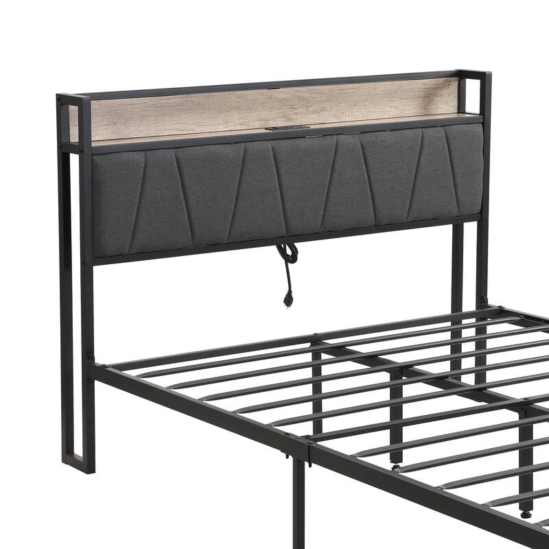 Queen Size Metal Platform Bed with Upholstered Storage Function Headboard & USB