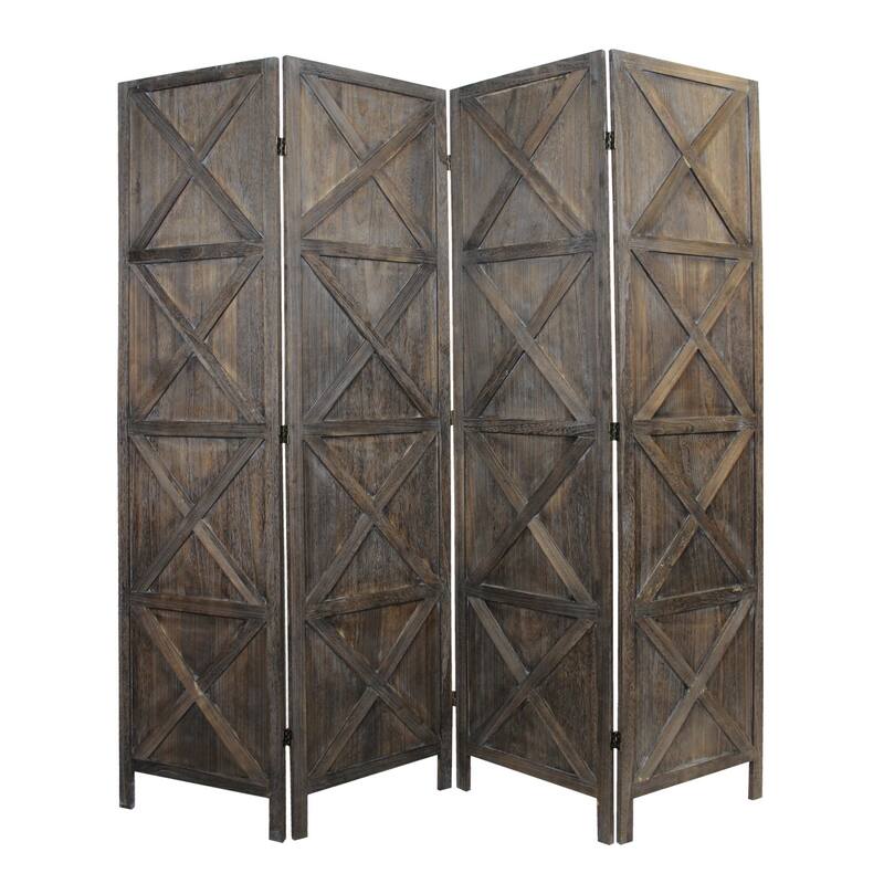 HomeRoots 79" Brown Solid Wood Folding Four Panel Screen Room Divider - 79' X '79' X '1