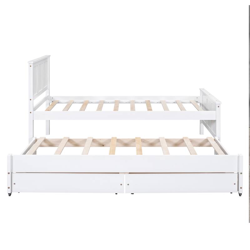 White Twin Platform Bed with Trundle and Storage Drawers, Solid Pine Wood Frame