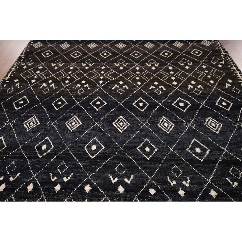 Dark Blue & Brown Moroccan Oriental Area Rug Hand-Knotted Wool Carpet - 8'0" x 10'0"