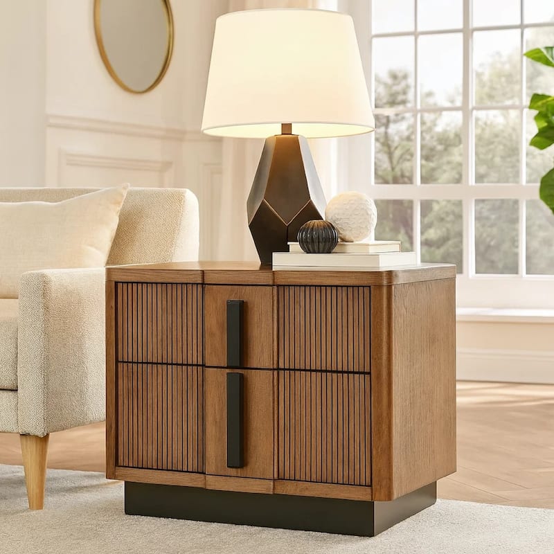 Reon Nightstand, 2 Drawers, Decorative Reeded Ash Brown Black Wood
