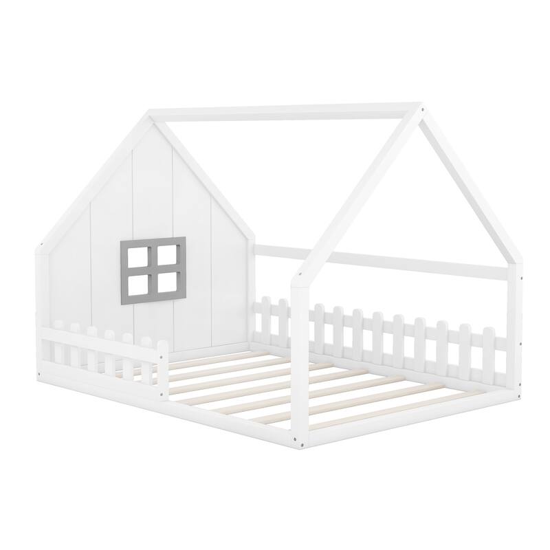 White Full Pine House Bed with Fence