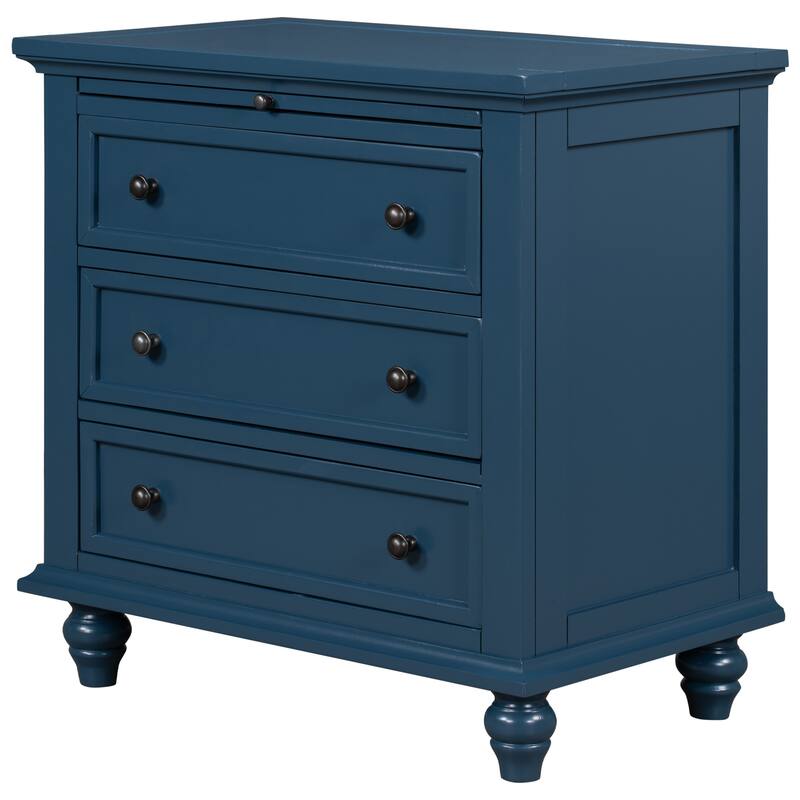 Solid Pine Wood End Table with Pull-out Tray and 3 Drawer, Easy Assembly