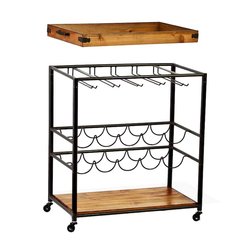 SEI Furniture Maya Modern Farmhouse Black Wood Bar Cart