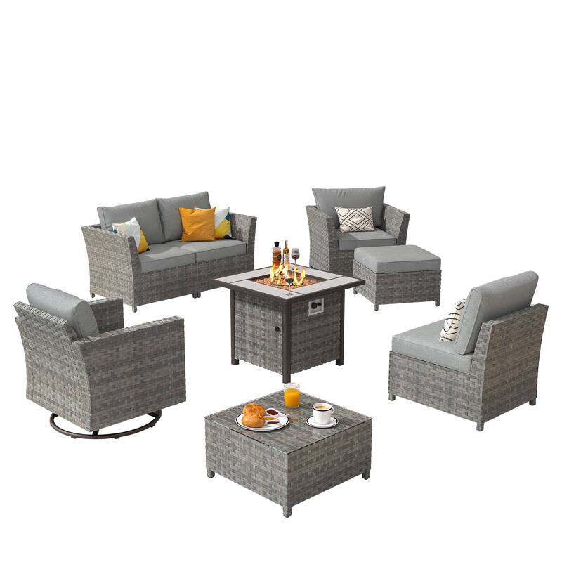 XIZZI 8-piece Outdoor Furniture Wicker Sofa Set with Fire Pit