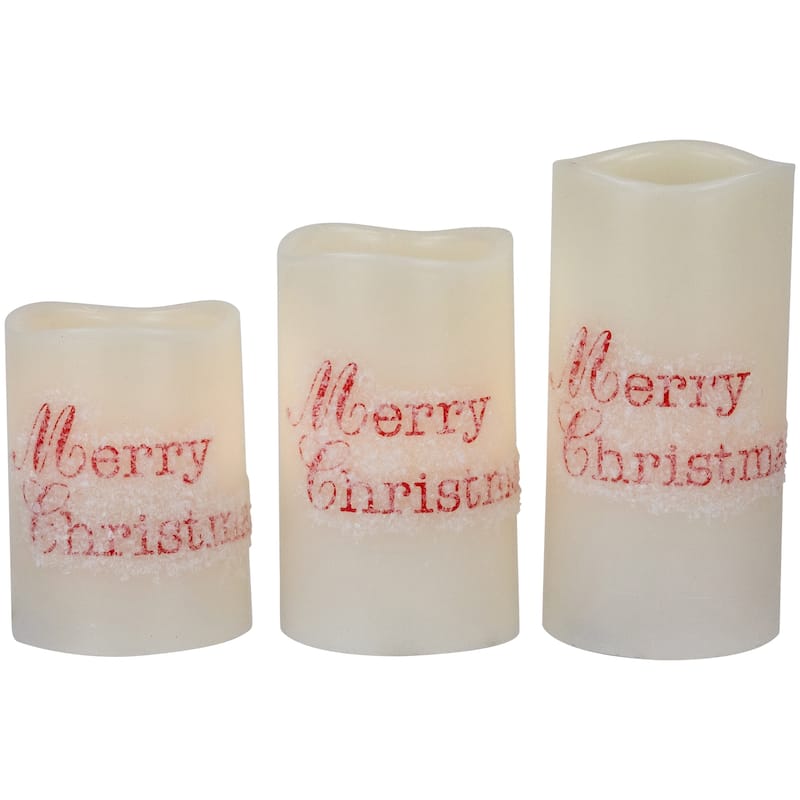 3 Frosted White "Merry Christmas" Flameless LED Wax Pillar Candles 6"