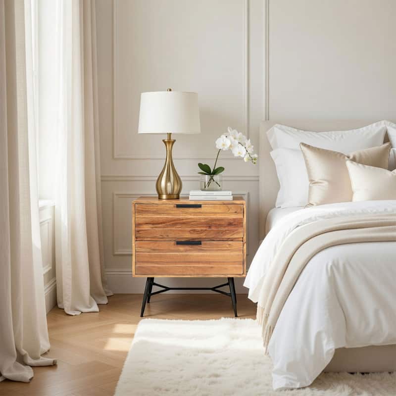 2 Drawer Wooden Nightstand with Metal Angled Legs, Black and Brown