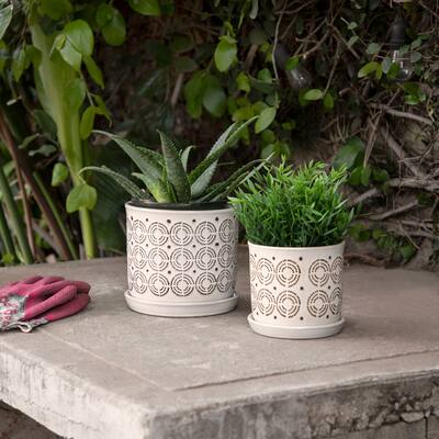 Off-white Handmade Ceramic Planter with Saucers and Brown Design (Set of 2) - 8.0" x 8.0" x 8.0"