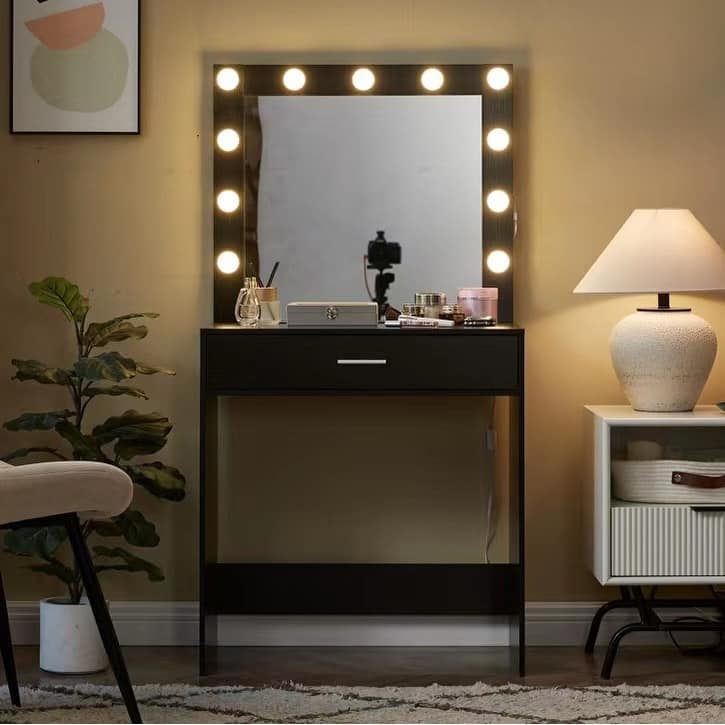 Vanity Desk with Mirror and Lights, Dressing Table with Large Drawer, 1 Level Storage Dresser & Adjustable Brightness