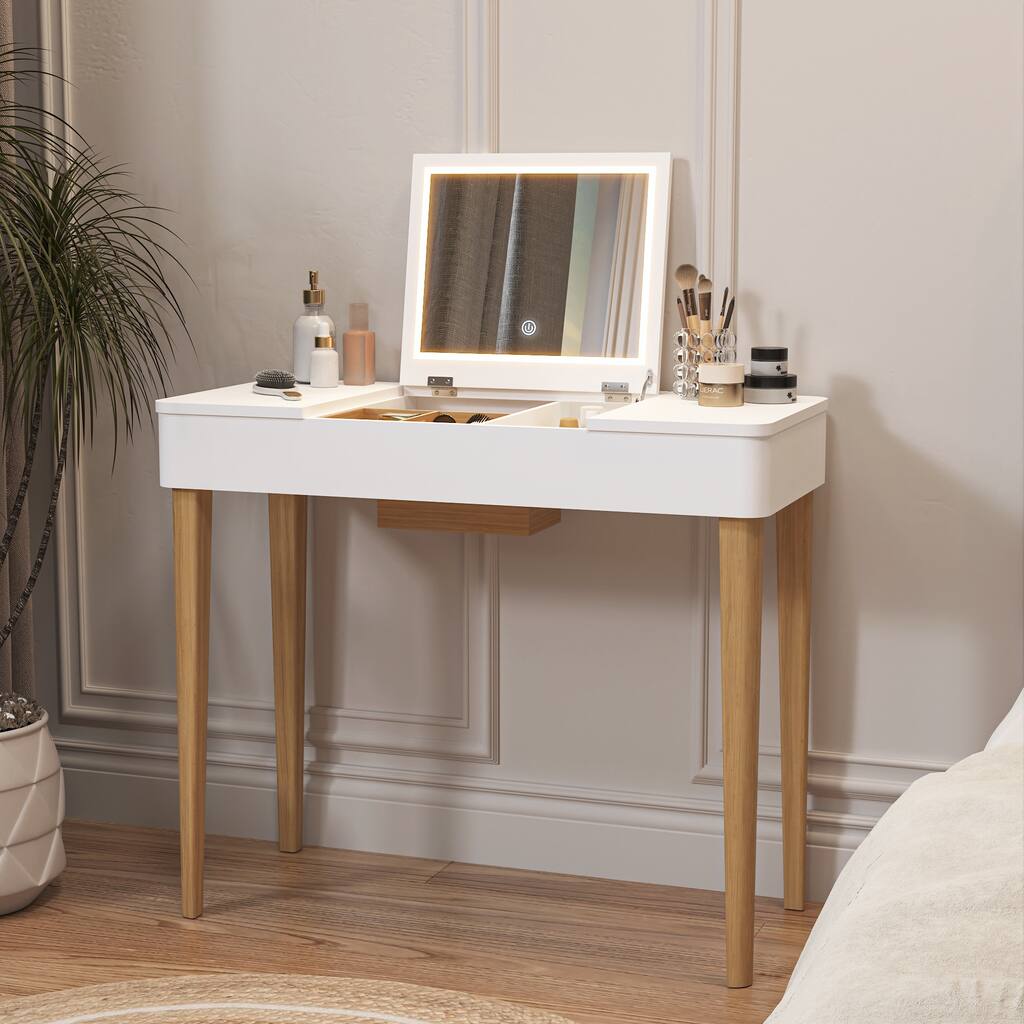 Elegant Makeup Vanity with HD Flip Mirror, Solid Wood Legs, and Two Leaf Door Compartments for Storage