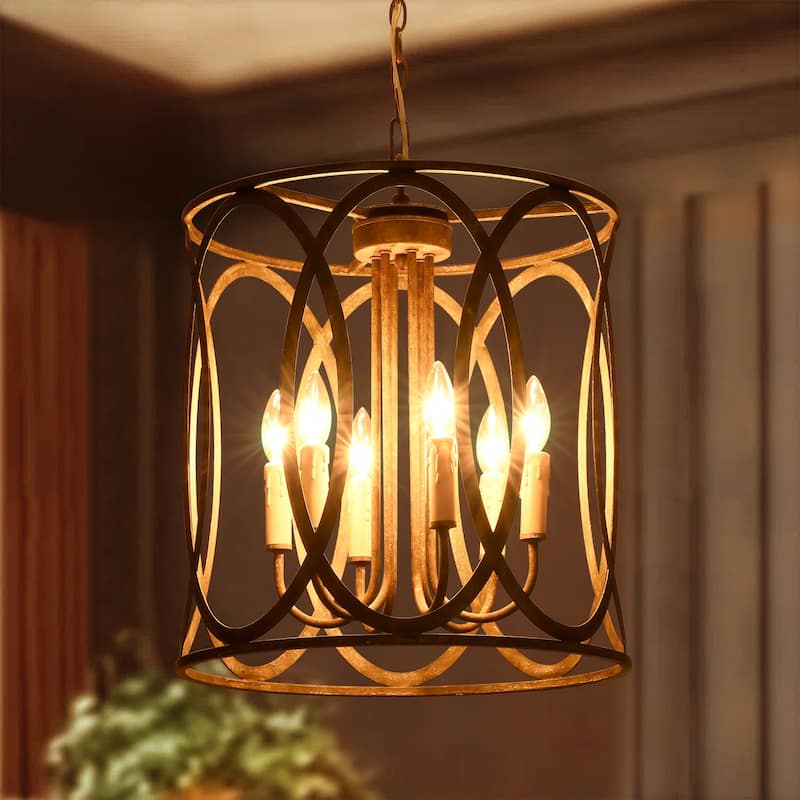 18" Rustic Industrial Drum Hollow Cylinder 4-Light Chandelier in Hand-Painted Bronze Rusted Finish for Kitchen Island & Foyer - 17.9 in. W x 20.5 in. H x 17.9 in. D
