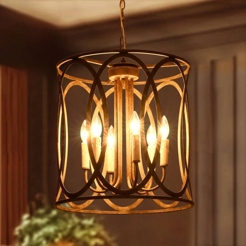 4-light Retro Bronze Rusted Finish Drum/Cylinder Frame Design Chandelier For Use in Kitchen Island, Dining Rooms