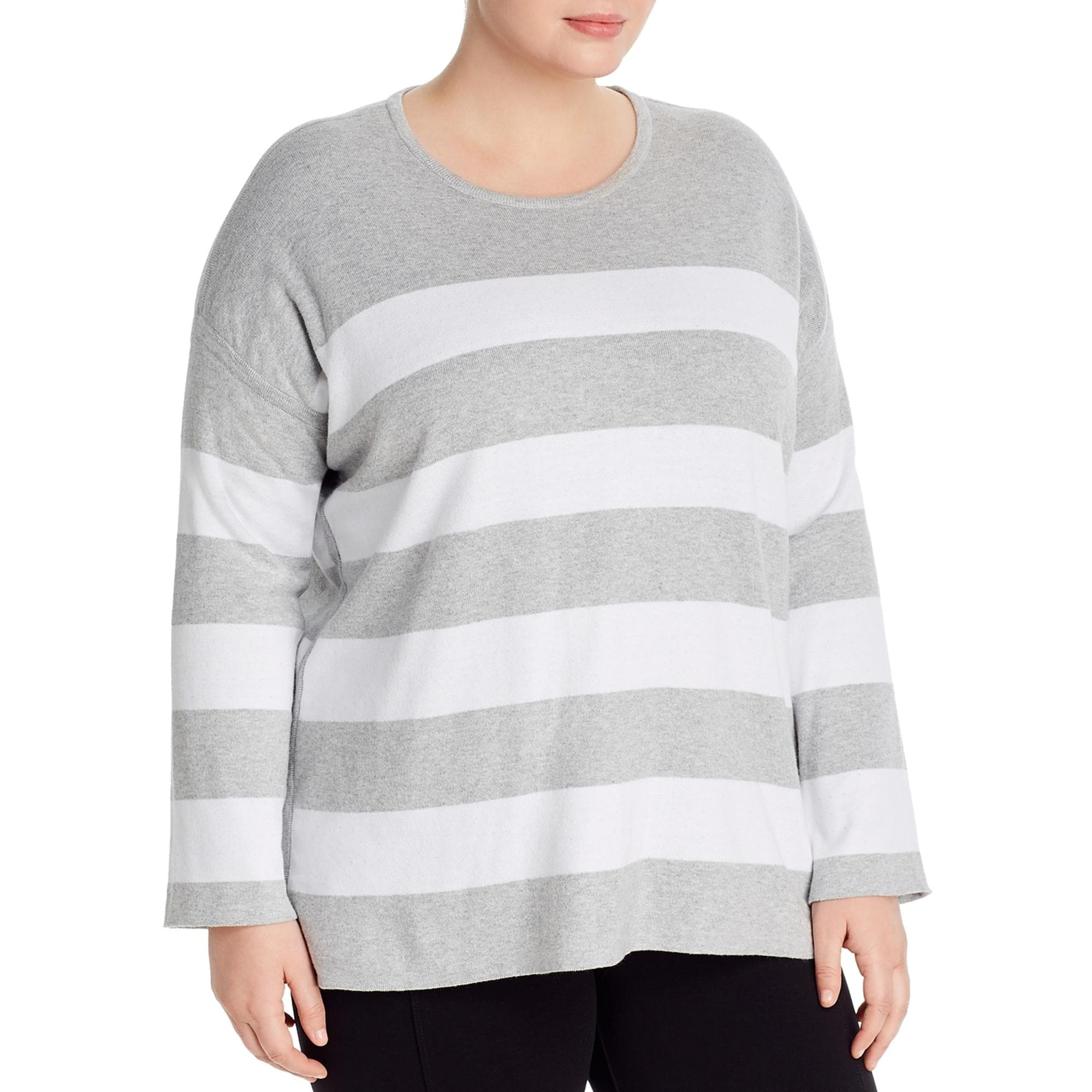Eileen Fisher Womens Plus Sweater Stripped Round Neck - Gray