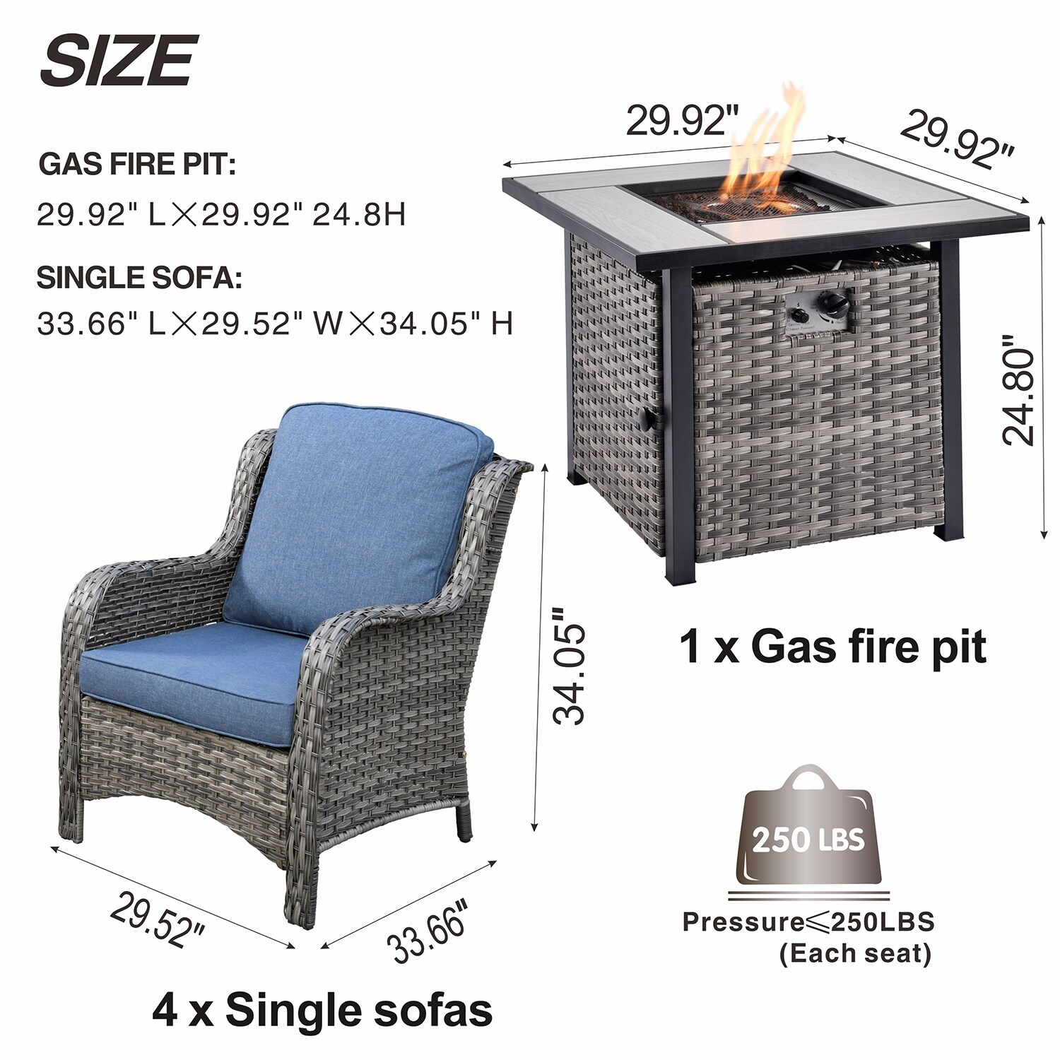 OVIOS Rattan Wicker 5-piece Patio Furniture Set Single Chairs With Fire Pit