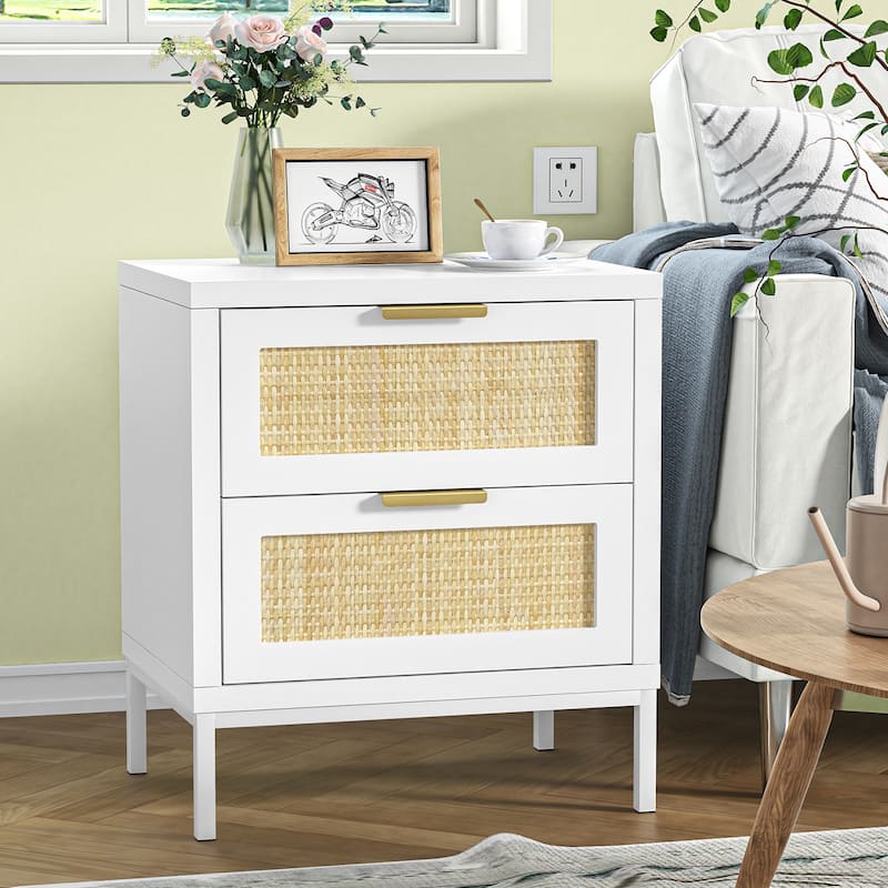 Anmytek Modern 2-Drawer Rattan White Nightstand Sofa End Table with Storage for Bedroom