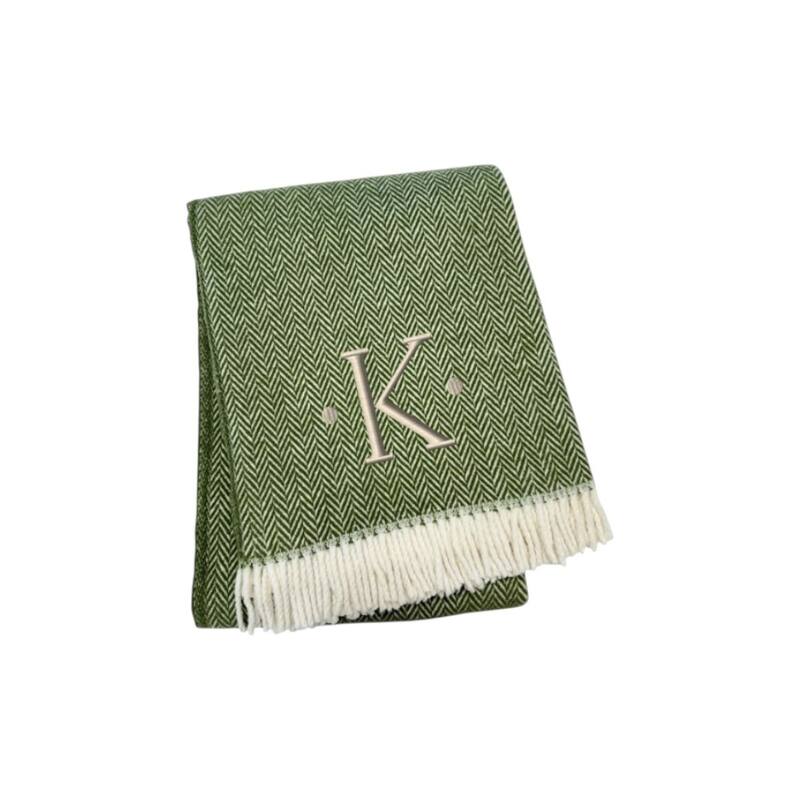 55" X 70" Moss Green And White Herringbone Cotton Blend S Initial Throw Blanket with Tassels And Embroidery - K