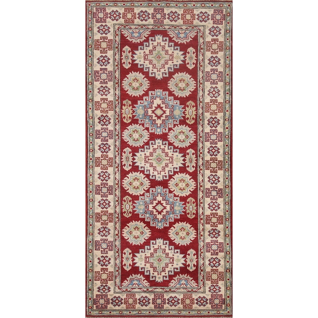 Hand Knotted Oriental 100% Wool Carpet Traditional Geometric Red Kazak Runner Rug - 6' 8'' X 2' 10''