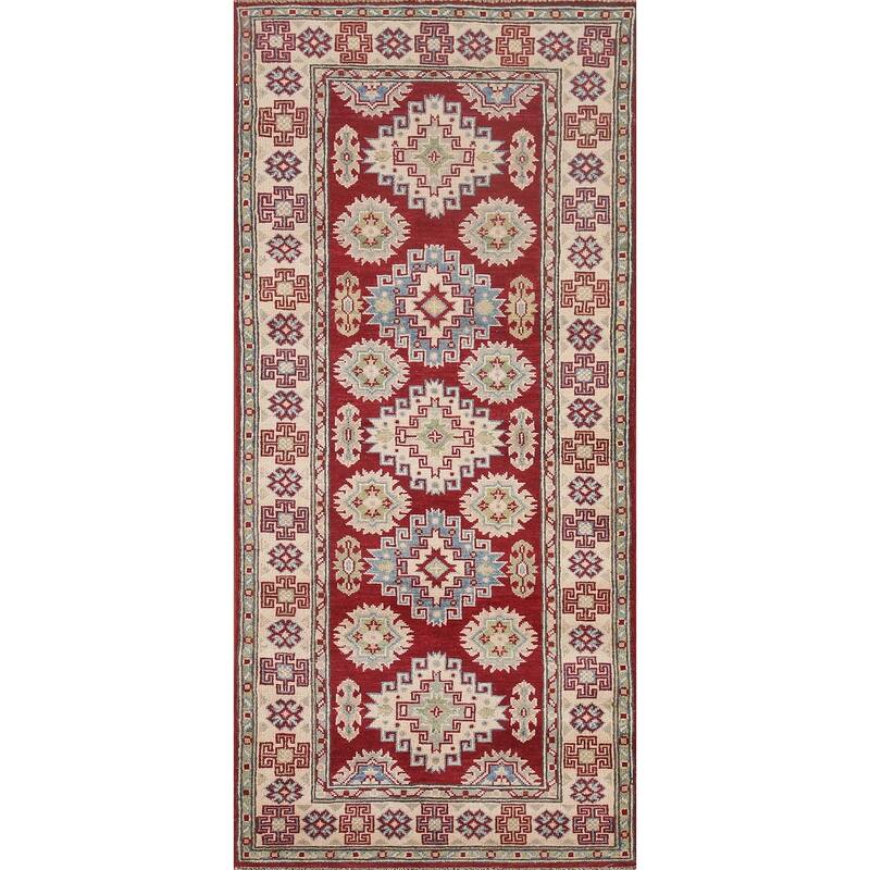 Hand Knotted Oriental 100% Wool Carpet Traditional Geometric Red Kazak Runner Rug - 6' 8'' X 2' 10''
