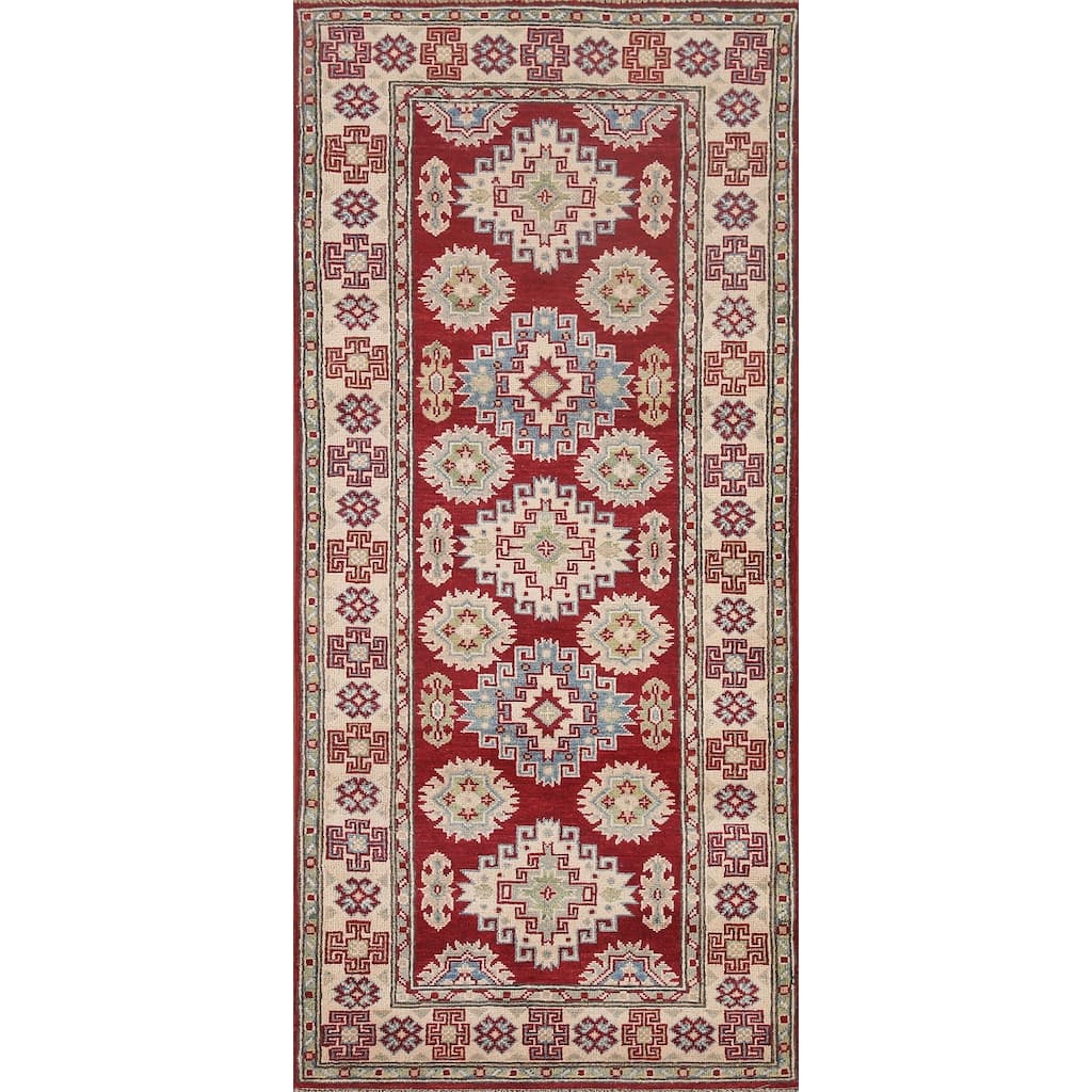 Hand Knotted Oriental 100% Wool Carpet Traditional Geometric Red Kazak Runner Rug - 6' 8'' X 2' 10''