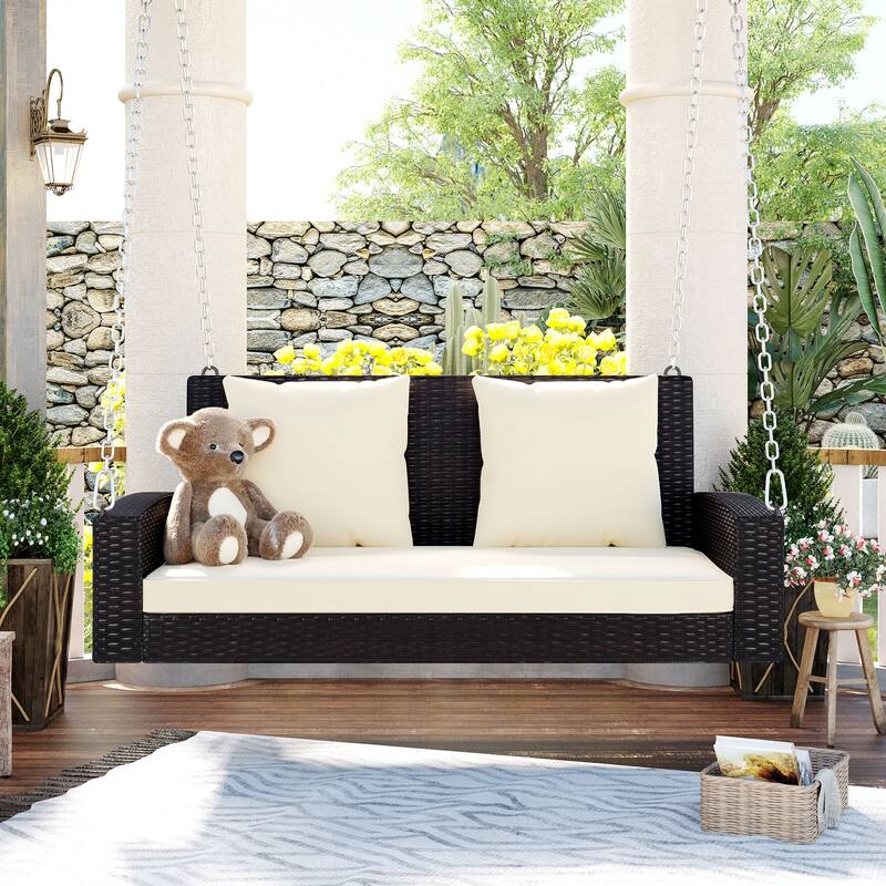 2-Person Wicker Hanging Porch Swing with Chains, Cushion, Pillow, Rattan Swing Bench for Garden, Backyard, Pond - Brown