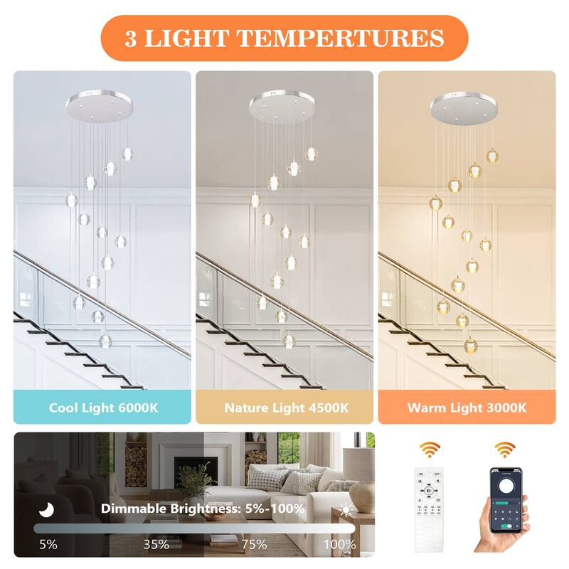 Modern Crystal Ball Chandelier Dimmable Fixture, 12-Light Pendant Chandeliers for Foyer Entrance