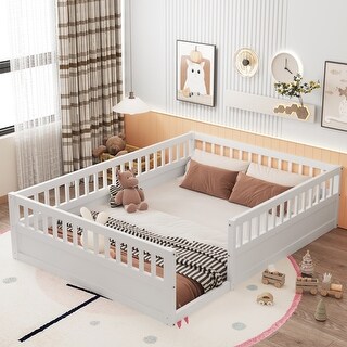 White Full Size Pine Wood Floor Bed Frame with Fence for Bedroom, Playroom, Kids, Boys and Girls