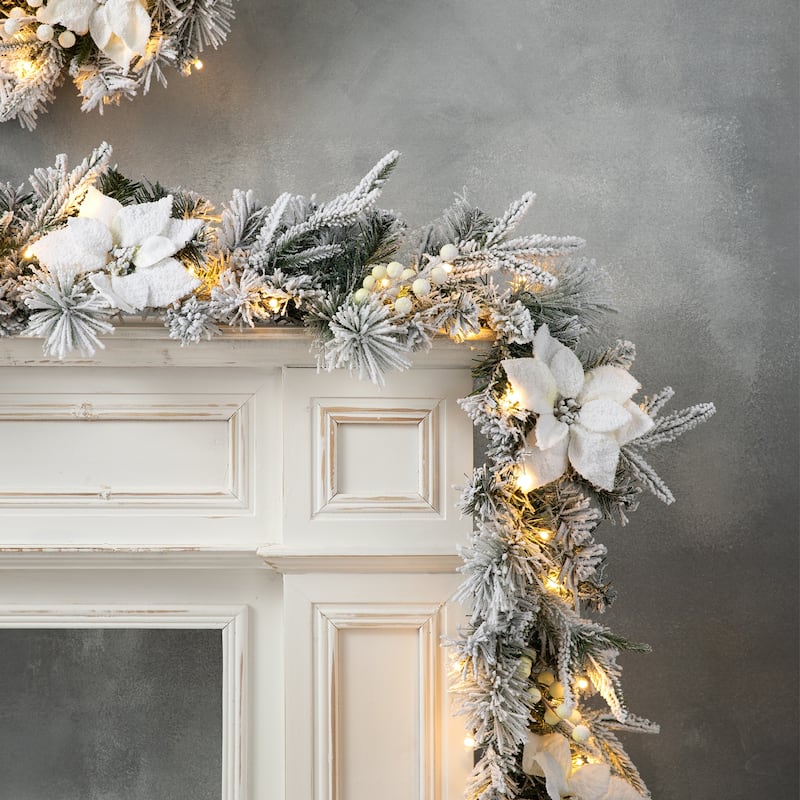 Glitzhome Set of 2/4 6ft Pre-Lit Flocked Greenery Pine White Poinsettia Christmas Garland