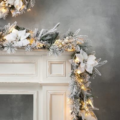 Glitzhome Set of 2/4 6ft Pre-Lit Flocked Greenery Pine White Poinsettia Christmas Garland
